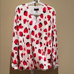 Tahari White Blouse with Red and Black Heart Pattern